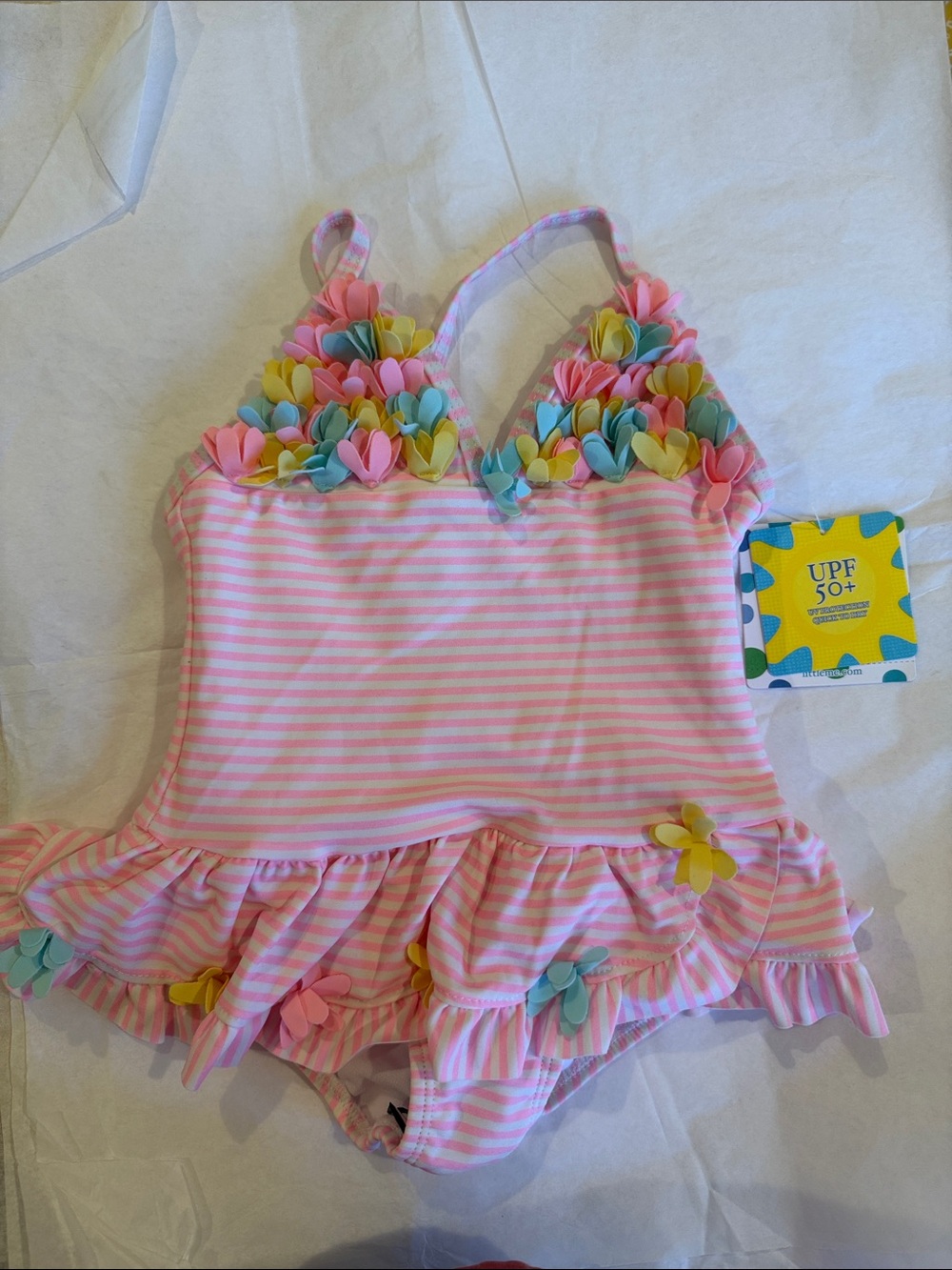 Kids Pink Stripe Floral Applique One-Piece Swimsuit - UPF 50+